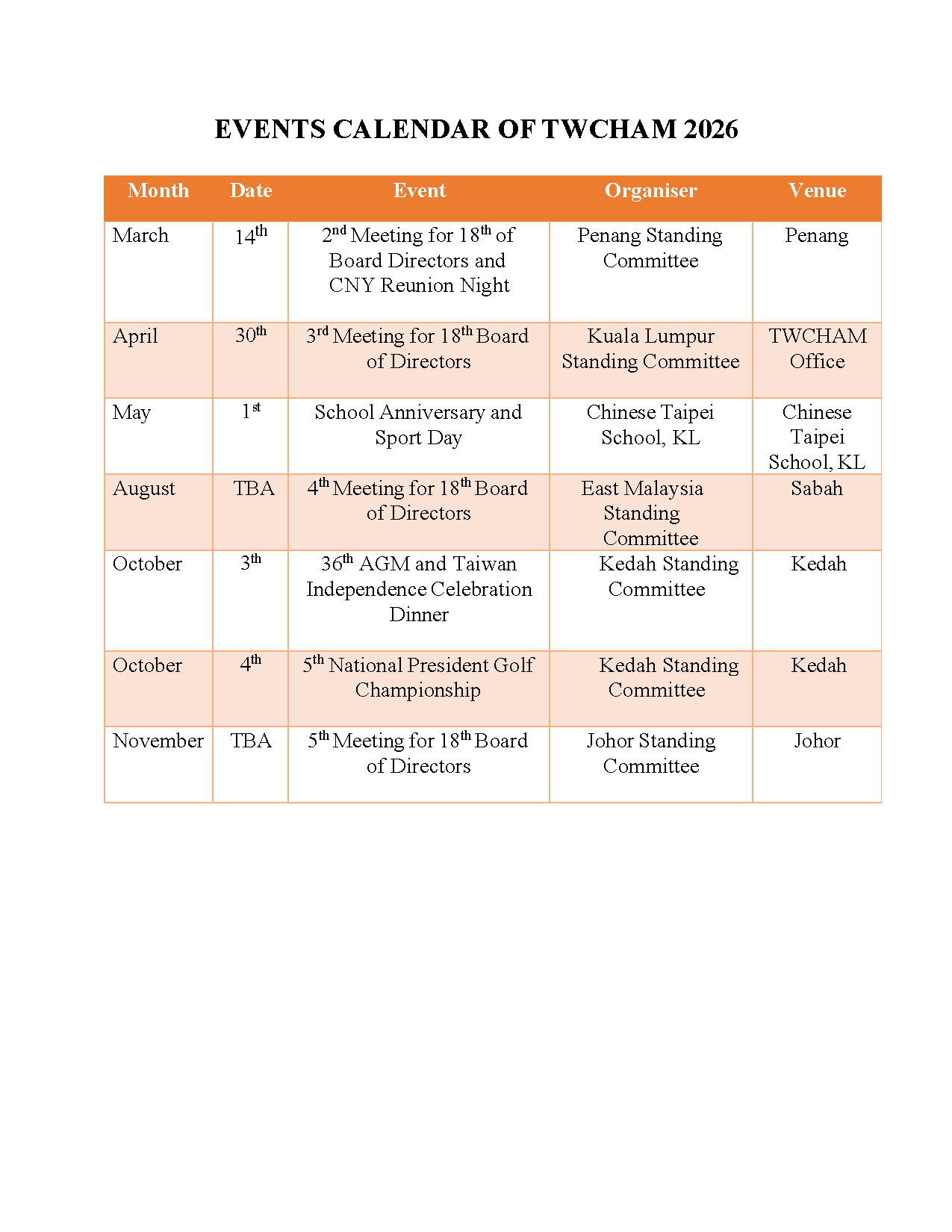 2026 Events Calendar